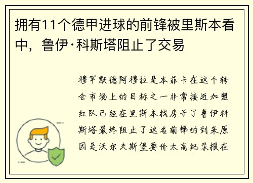 拥有11个德甲进球的前锋被里斯本看中，鲁伊·科斯塔阻止了交易